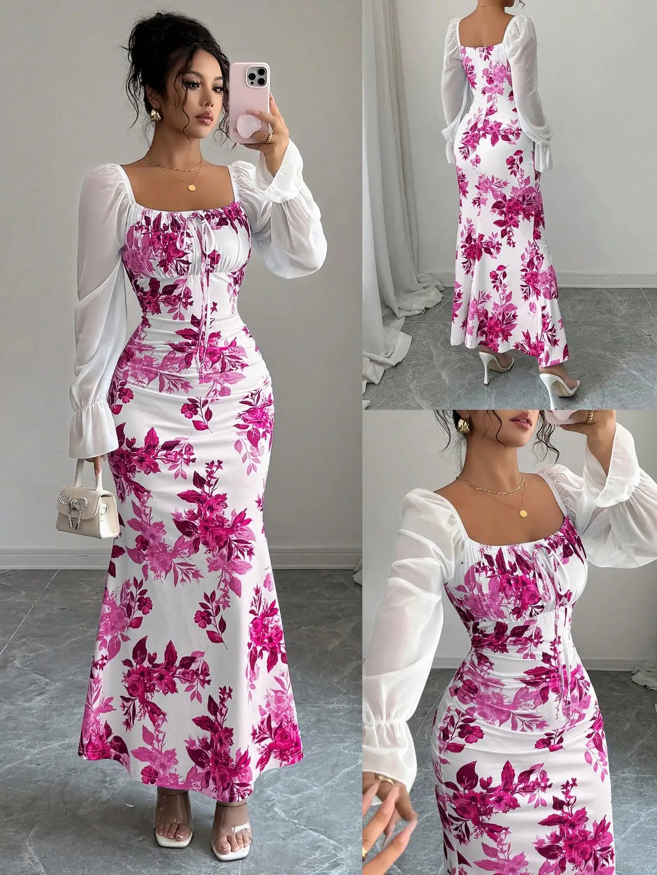 Square Neck Floral Print Chiffon Puff Sleeve Long Dress For Women