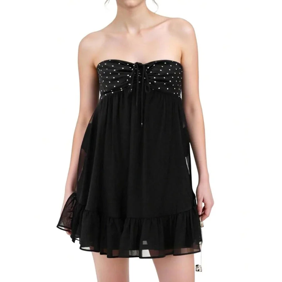 【New style】Women Off Shoulder Mini Dress Dot Print Sleeveless A-Line Short Ruffle Dresses For Daily Party Club