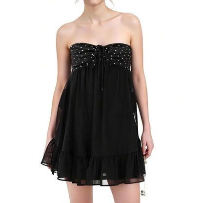 【New style】Women Off Shoulder Mini Dress Dot Print Sleeveless A-Line Short Ruffle Dresses For Daily Party Club