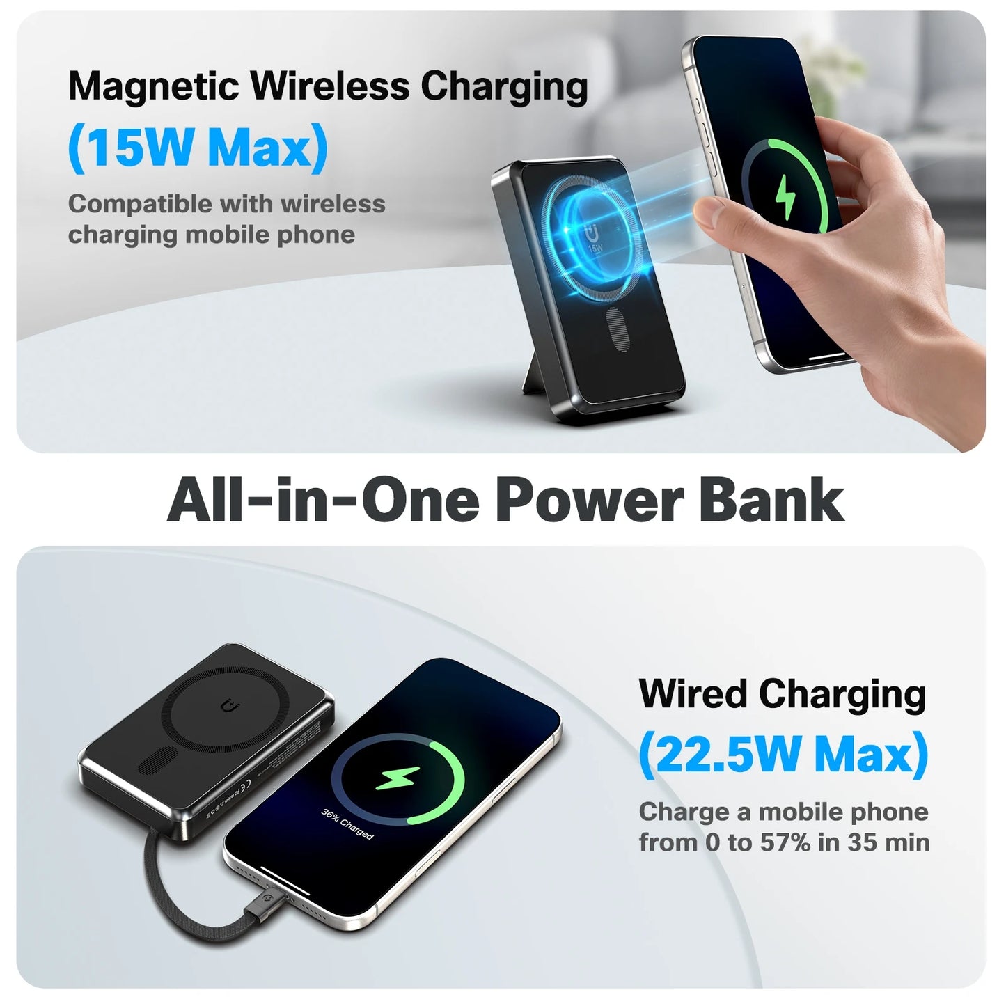 10000mAh Magnetic Wireless Power Bank PD22.5W Fast Charging External Battery Dual-Port Built-in Type-C For iPhone  Airpods Watch