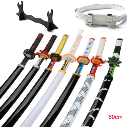 80cm Demon Slayer Katana Bamboo Blade Role-playing Weapons Props Halloween Costume Props with Belt and Sword Holder