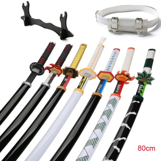 80cm Demon Slayer Katana Bamboo Blade Role-playing Weapons Props Halloween Costume Props with Belt and Sword Holder
