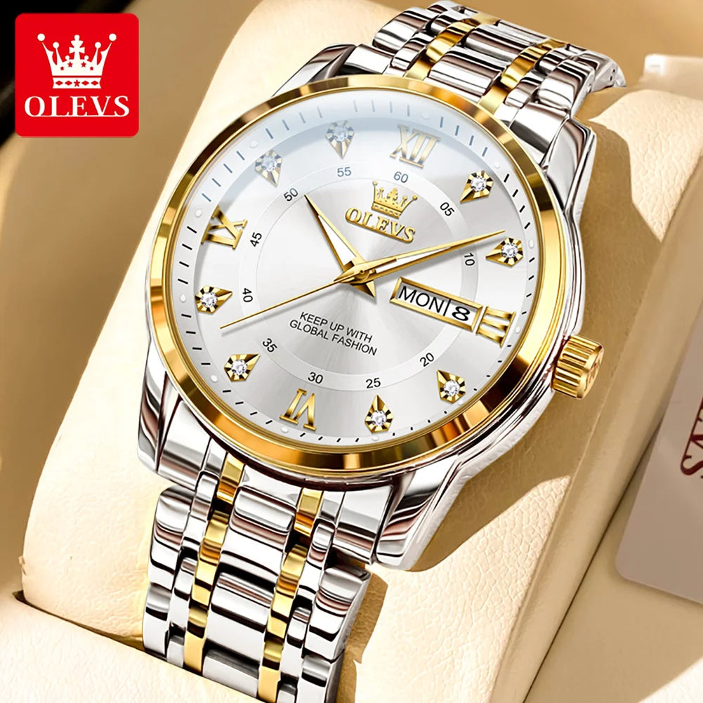 OLEVS 5513 Mens Watch Original Fashion Brand Quartz Waterproof Luminous Watch For Man Stainless Steel Dual Calendar Watch Box