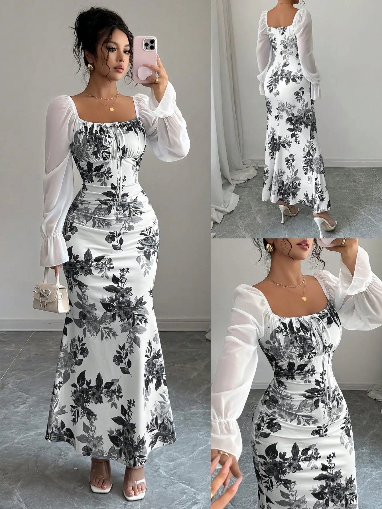 Square Neck Floral Print Chiffon Puff Sleeve Long Dress For Women