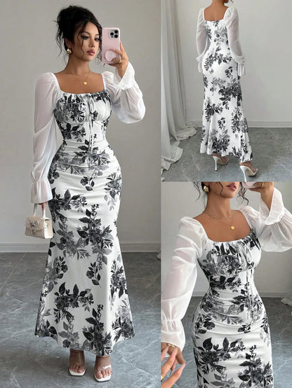 Square Neck Floral Print Chiffon Puff Sleeve Long Dress For Women