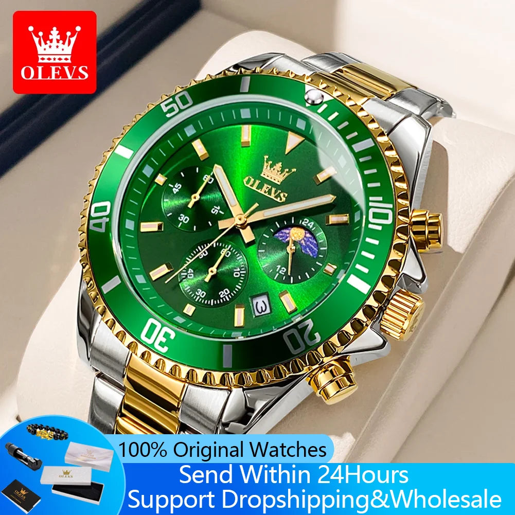 OLEVS 2870 Chronograph Quartz Business Men Watch Fashion Moon Phase Waterproof Watch For Men Stainless Steel Original Wristwatch