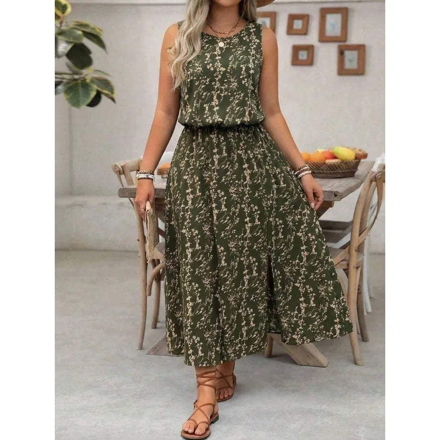 【New style】Plus Size Ditsy Floral Round Neck Casual Commuter Split Hem Dress
