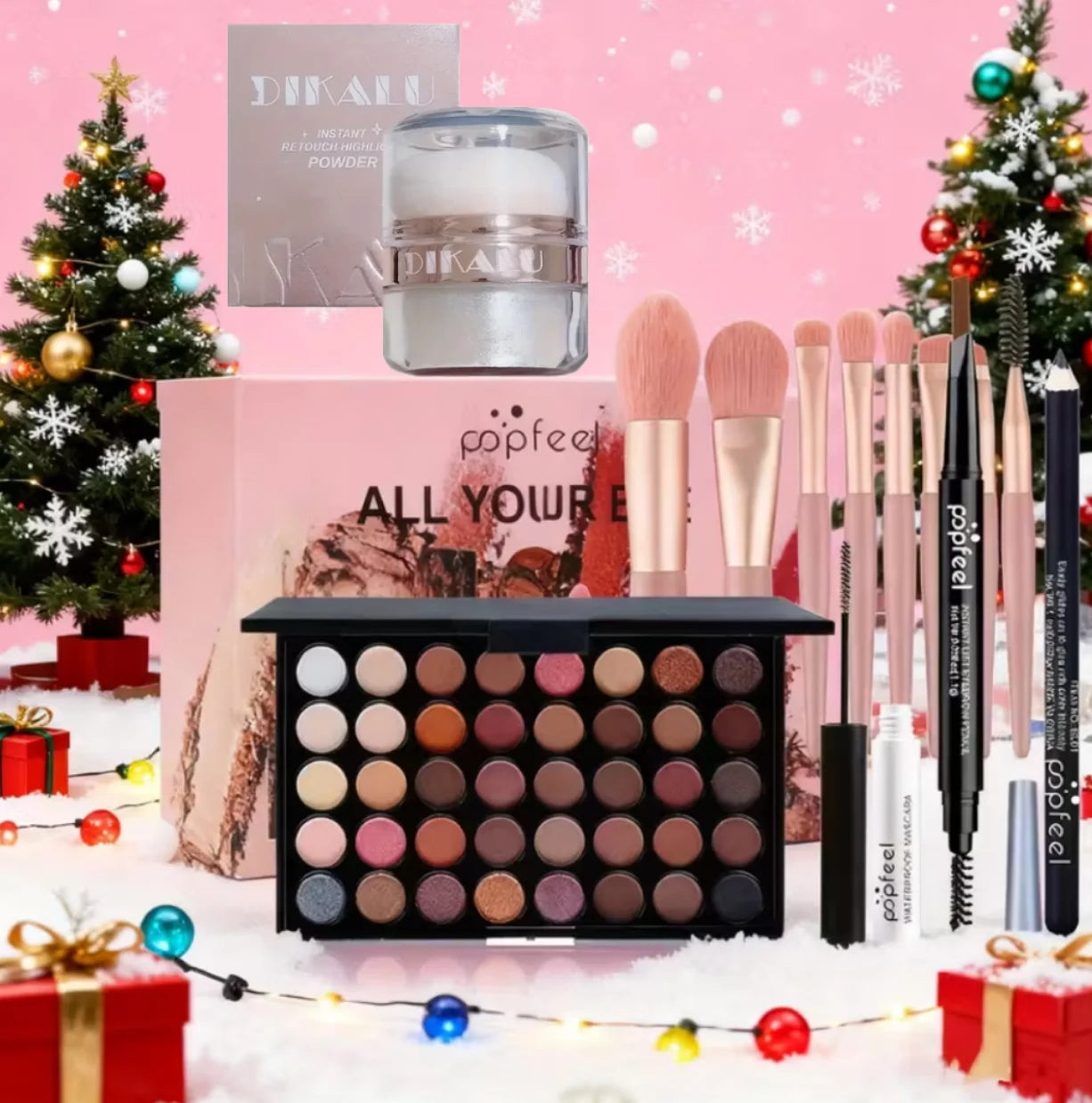 POPFEEL All-in-One Full Face Makeup Kit with Brush+Facial highlighter-Complete Beauty Set, Berry & Neutral Foundation, Blush, Ey