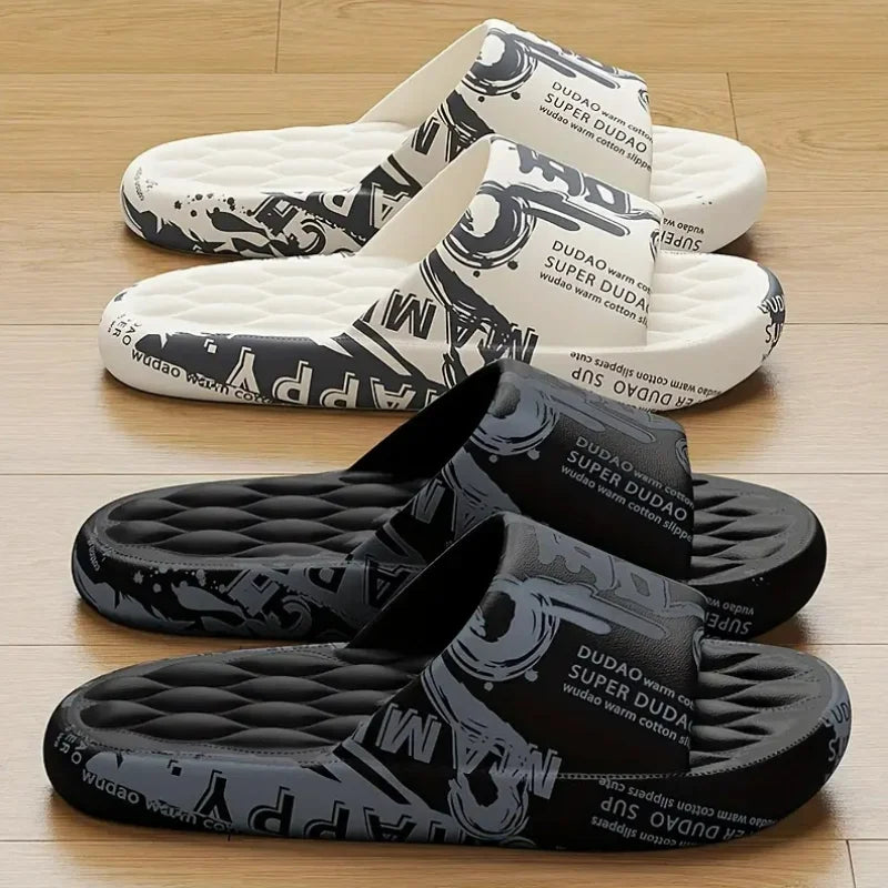 Men's Plus Size Chinese Character "Wu" Printed Slippers - Super Comfortable And Soft EVA Sole, Open Toe Design