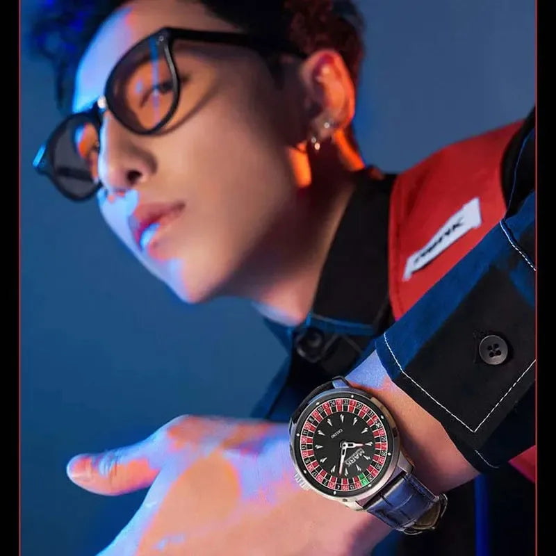 Mark Fairwhale  Casual Leather Strap dial Rotatable Roulette Watch Dial Men's Wristwatch Quartz Fashion WristWatch Wrist Watches for man