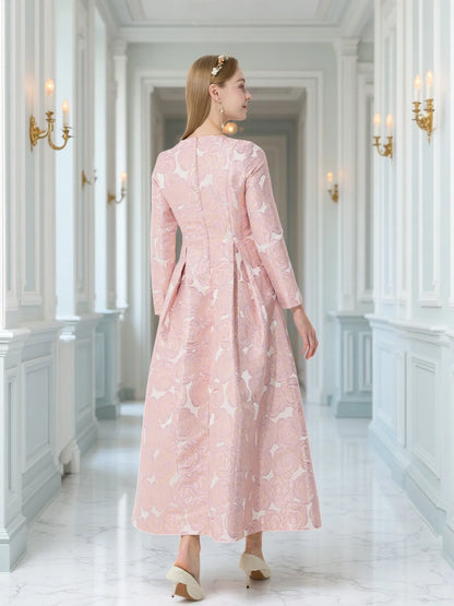 French Elegant V-Neck Long-Sleeve Dress Jacquard Rose Waist-Defined Flared Long Dress Light Luxury Stylish Commute Date Teadress