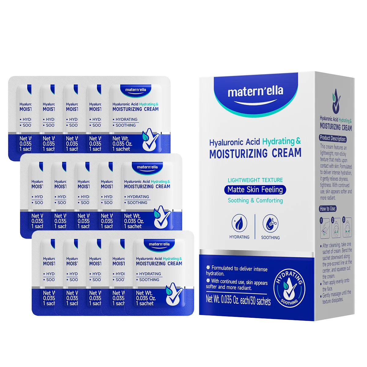 Matern'ella 30 Sachets Face Moisturizer Hyaluronic Acid Travel Size Hydrating Cream for Dry Sensitive Skin