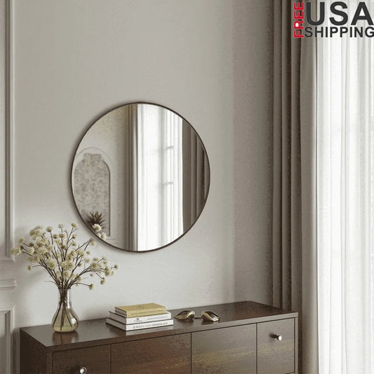 20in Round Wall Mirror High Definition Aluminum Alloy Frame Hanging Vanity Bathroom Mirror Home Living Room Bedroom Decor