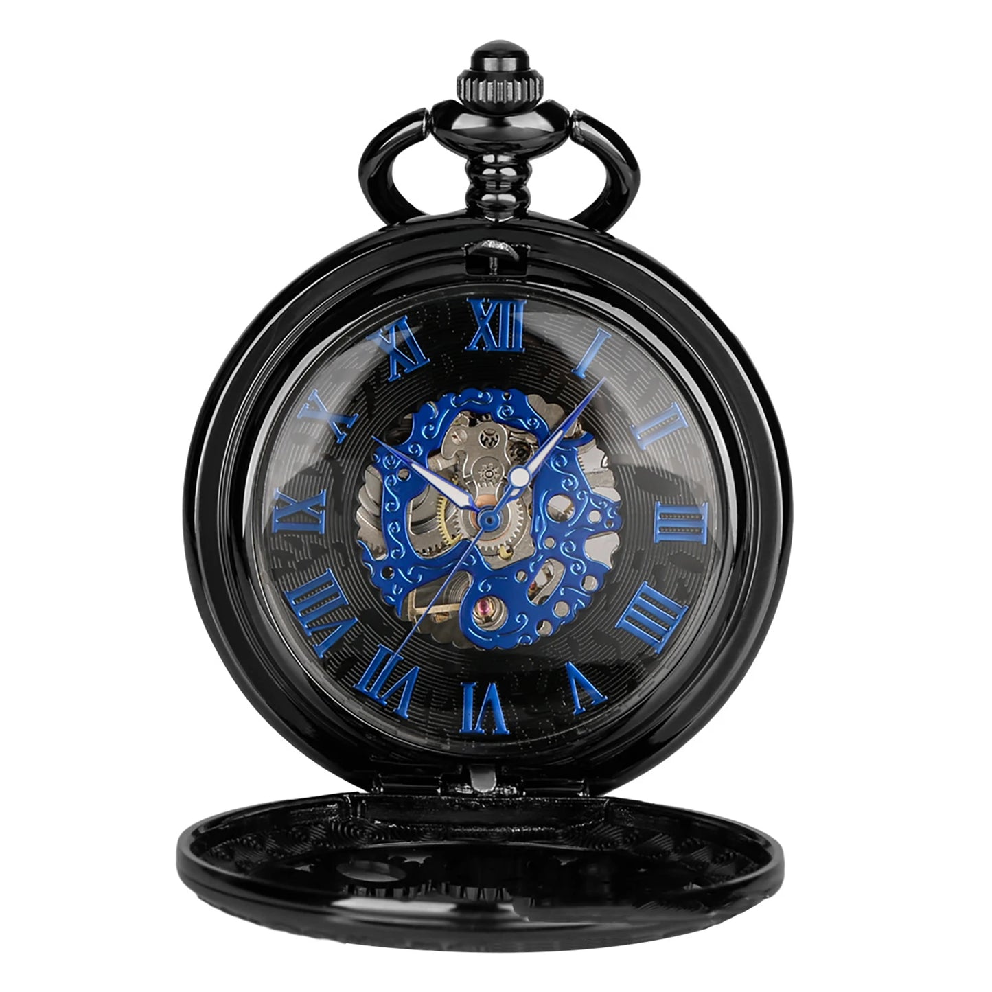 Men's Manual Mechanical Pocket Watch Hollow Design Blue Roman Numerals Vintage Pocket Watch Chain Pendant Vintage Clock