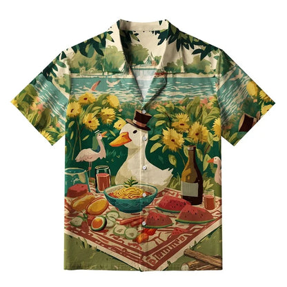 Men's Funny Goose Aloha Hawaiian Shirt Bohemian Style Short Sleeve Pocket Y2K Summer Beach Tops Chic Harajuku Buttons Tunics