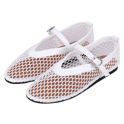 Women Mesh Ballet Flats Fishnet Ballerina Flats Breathable Slip On Ballerina Shoes Buckle Strap Daily Dress Shoes for Commuting