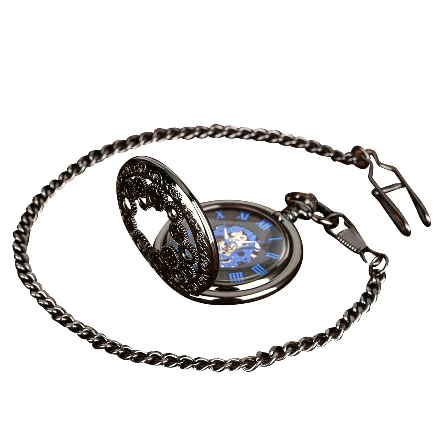 Men's Manual Mechanical Pocket Watch Hollow Design Blue Roman Numerals Vintage Pocket Watch Chain Pendant Vintage Clock
