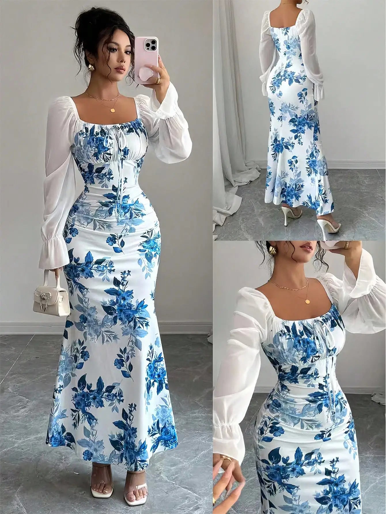 Square Neck Floral Print Chiffon Puff Sleeve Long Dress For Women