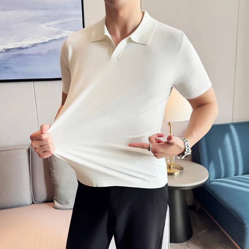 High Elasticity Knitted Men Polo Shirt Short Sleeved 2026 Summer New Ice Silk Light Thin Solid Casual Top T-shirt Men Clothing