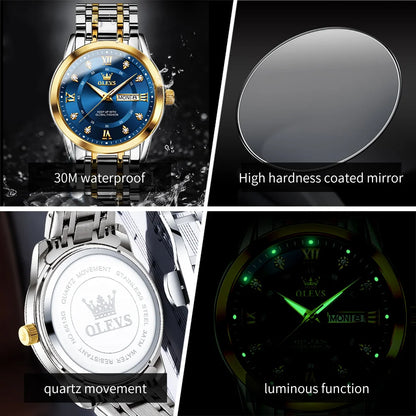 OLEVS 5513 Mens Watch Original Fashion Brand Quartz Waterproof Luminous Watch For Man Stainless Steel Dual Calendar Watch Box