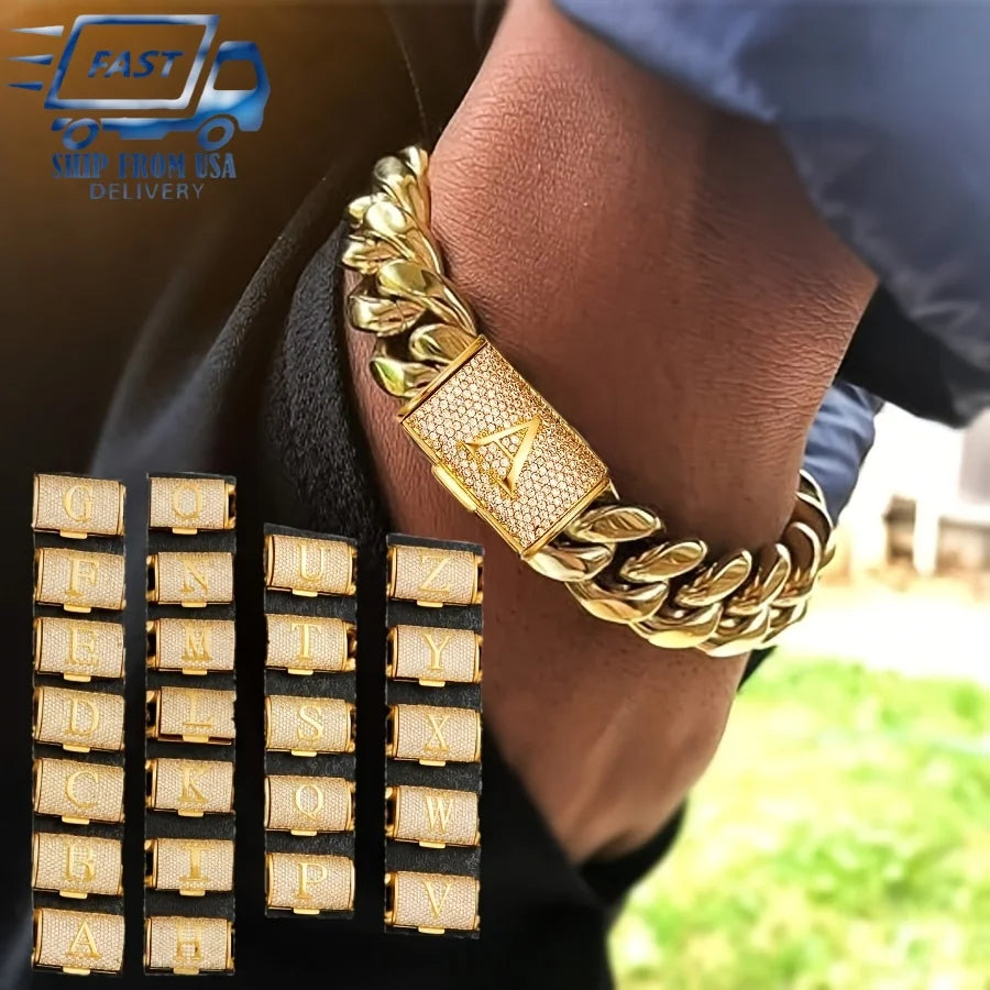 14mm Cuban Link Chain Bracelets 18K Gold Plated Stainless Steel Punk Exaggerated Big Bangle Bracelet. Letter A-Z Men'S Bracelet