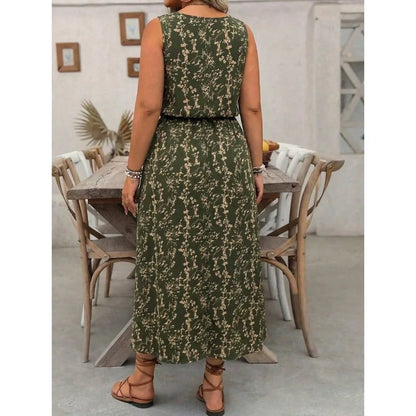 【New style】Plus Size Ditsy Floral Round Neck Casual Commuter Split Hem Dress