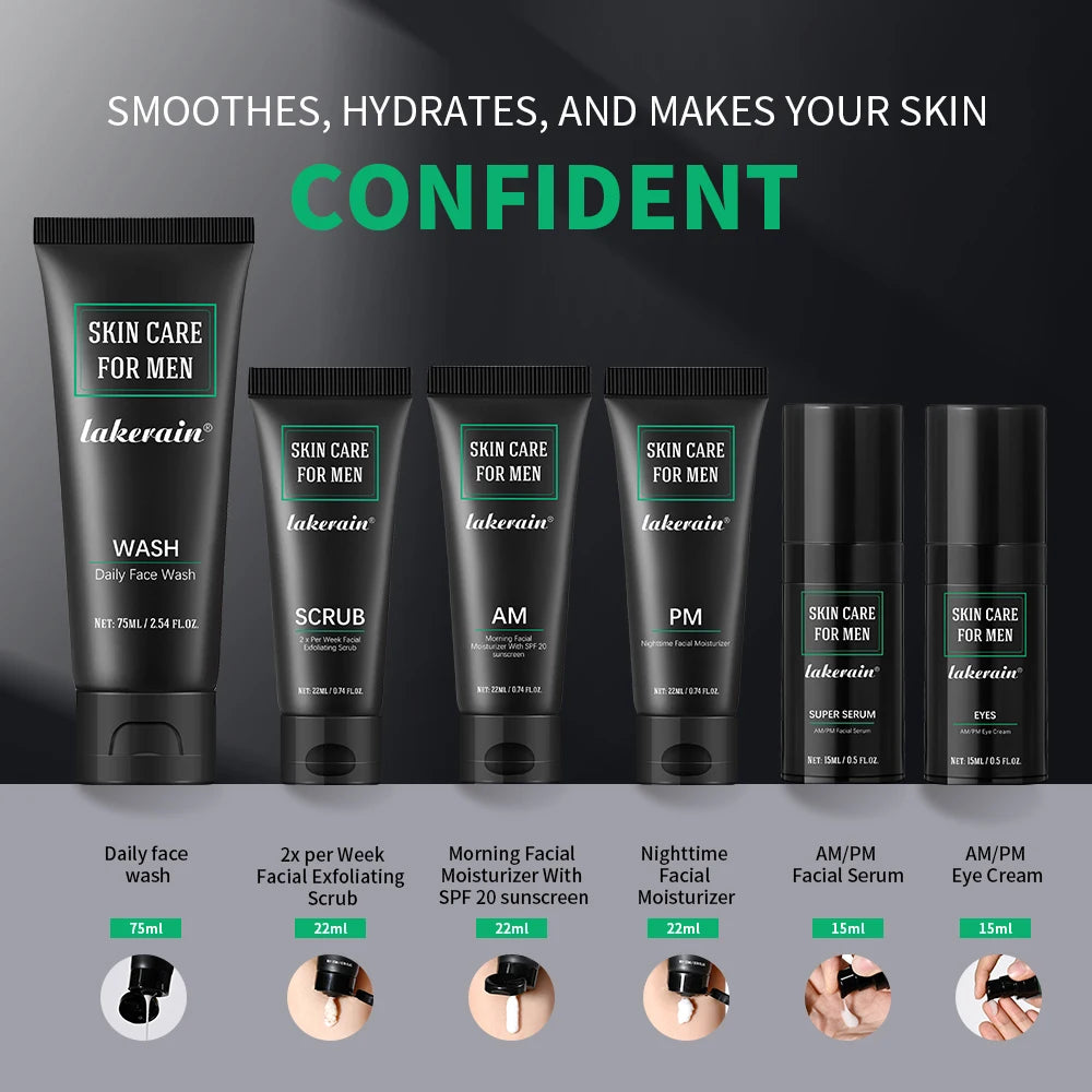Lakerain Men Skin Care Set Long-lasting Hydration Oil Control Deep Cleaning Face SPF20 Non-greasy Refreshing Skin Care Kit