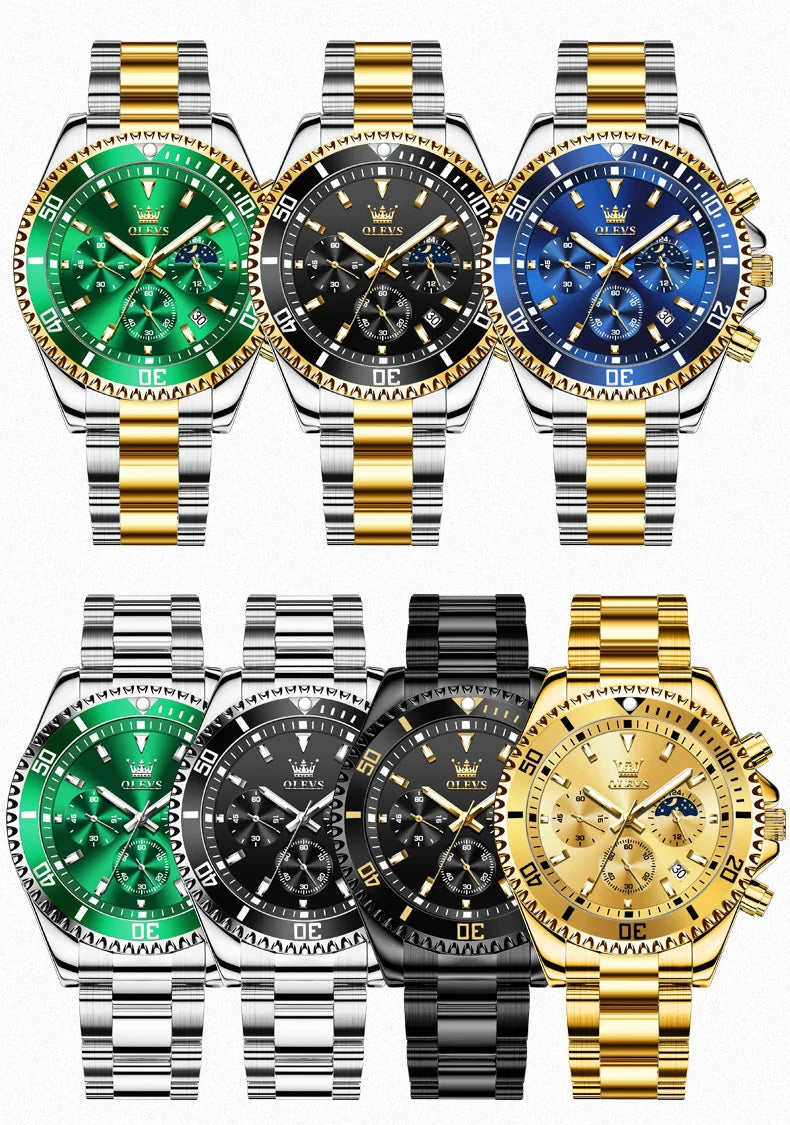 OLEVS 2870 Chronograph Quartz Business Men Watch Fashion Moon Phase Waterproof Watch For Men Stainless Steel Original Wristwatch