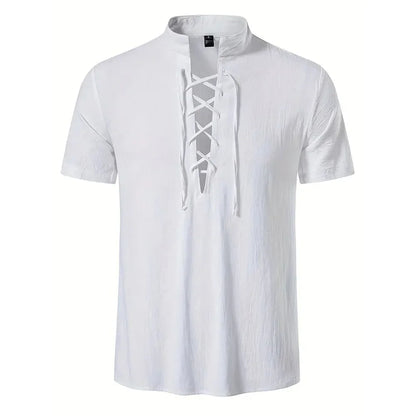 Men's Retro Shirt Short Sleeve Cotton Linen Lightweight Breathable Solid Color Fashion Tops Pirate V-neck Male Stylish Shirs