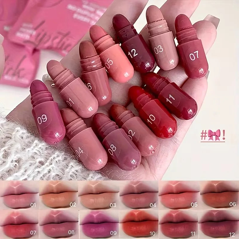 Mini Capsule Matte Lipstick Set - Smooth and delicate pink, red, and brown lipsticks, ideal for holiday makeup or as a gift.
