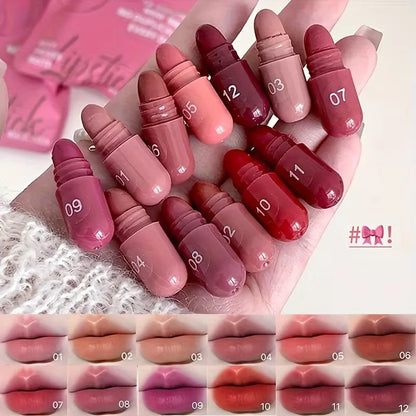 Mini Capsule Matte Lipstick Set - Smooth and delicate pink, red, and brown lipsticks, ideal for holiday makeup or as a gift.