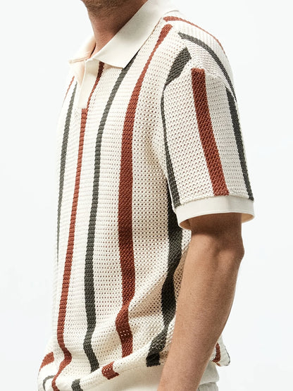 Men's Summer Chunky Knit Short-Sleeve Polo Shirt With Stripes And Contrast Colors, Casual Wear For Daily Outings