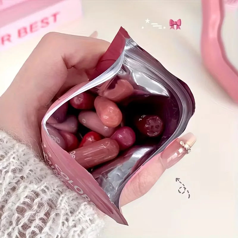 Mini Capsule Matte Lipstick Set - Smooth and delicate pink, red, and brown lipsticks, ideal for holiday makeup or as a gift.