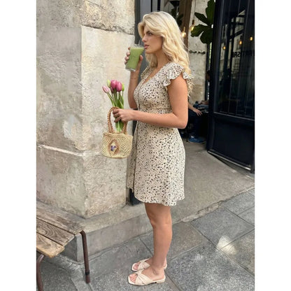 【New style】Plus Size Boho Casual Holiday Ditsy Floral Print Cinched Waist A-Line Cap Sleeve Dress, For Summer
