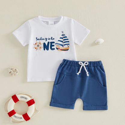 Toddler Boy 1st Birthday Set Adorable Boat Print Tee with Elastic Waist Shorts Cute Summer Outfit for Baby Boy s First