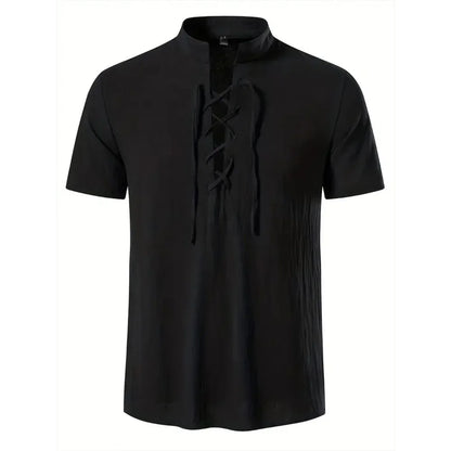 Men's Retro Shirt Short Sleeve Cotton Linen Lightweight Breathable Solid Color Fashion Tops Pirate V-neck Male Stylish Shirs