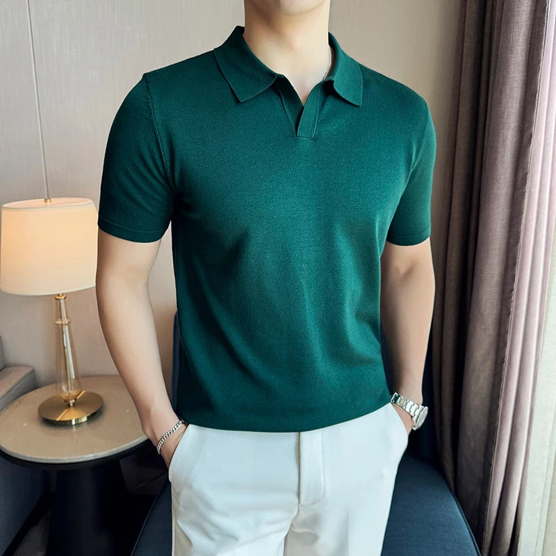 High Elasticity Knitted Men Polo Shirt Short Sleeved 2026 Summer New Ice Silk Light Thin Solid Casual Top T-shirt Men Clothing