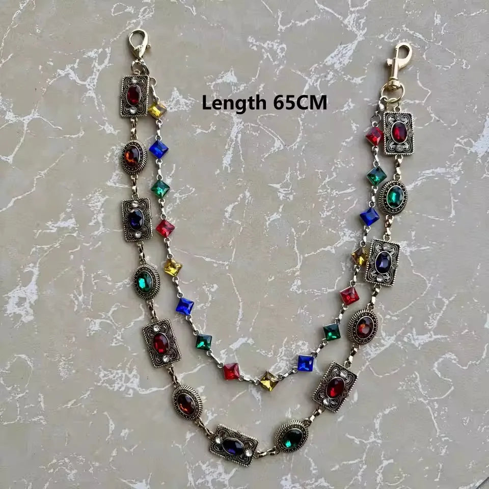 Double Layer Colorful Geometric Colorful Rhinestone Pendant Jeans Pant Chain for Women Men Fashion Belt Keychains Y2K Jewelry