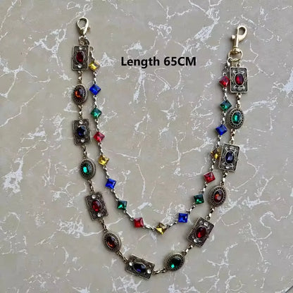 Double Layer Colorful Geometric Colorful Rhinestone Pendant Jeans Pant Chain for Women Men Fashion Belt Keychains Y2K Jewelry