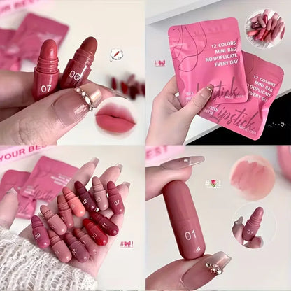 Mini Capsule Matte Lipstick Set - Smooth and delicate pink, red, and brown lipsticks, ideal for holiday makeup or as a gift.