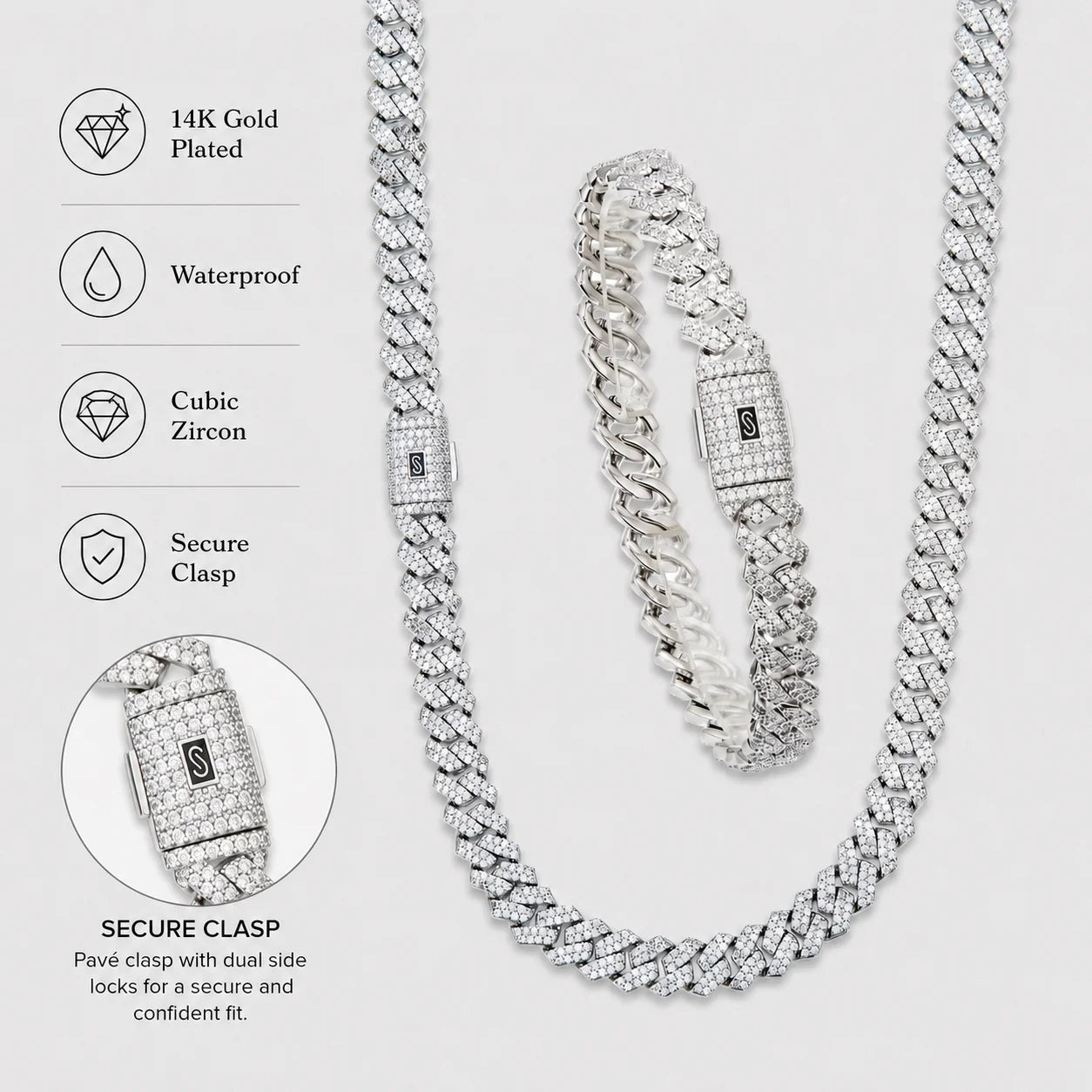 8mm Men’s Iced Out Cuban Link Chain Necklace, 14K Gold Plated Cubic Zirconia Necklace for Men, Waterproof Hip Hop Jewelry with Secure Clasp