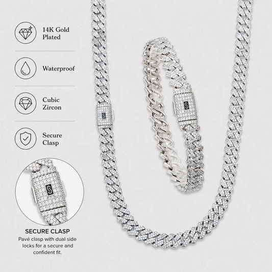 8mm Men’s Iced Out Cuban Link Chain Necklace, 14K Gold Plated Cubic Zirconia Necklace for Men, Waterproof Hip Hop Jewelry with Secure Clasp