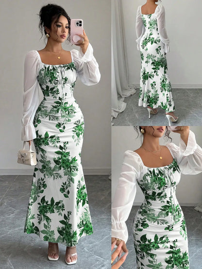 Square Neck Floral Print Chiffon Puff Sleeve Long Dress For Women