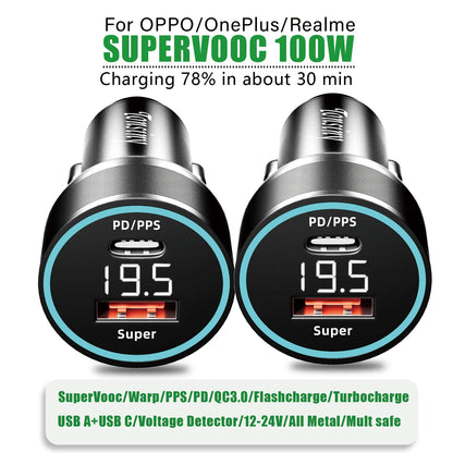 For OPPO car charger SuperVooc 100W, Cigarette Lighter plug for OPPO Find X7 Reno8,12V Usb for realme oneplus charger warp 80w