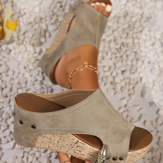 Vintage Inspired Cork Wedge Sandals for Women – Open Toe Slip-On with Studded Accents
