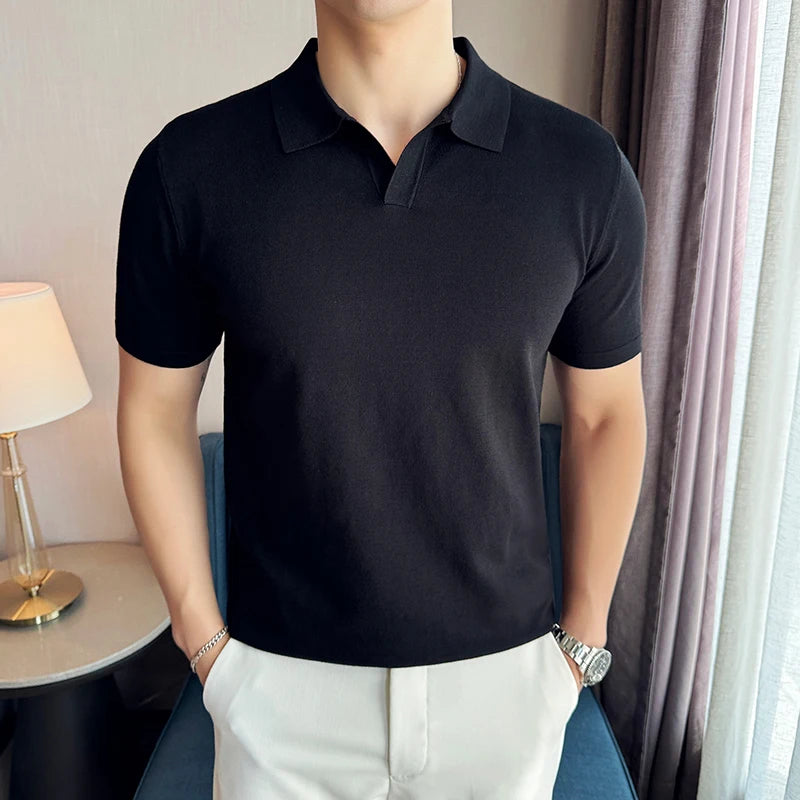 High Elasticity Knitted Men Polo Shirt Short Sleeved 2026 Summer New Ice Silk Light Thin Solid Casual Top T-shirt Men Clothing