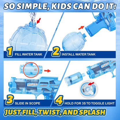 Rechargeable Electric Water Gun with LED Lights - 26ft Range, 30min Playtime, Perfect Summer Gift for Kids & Adults
