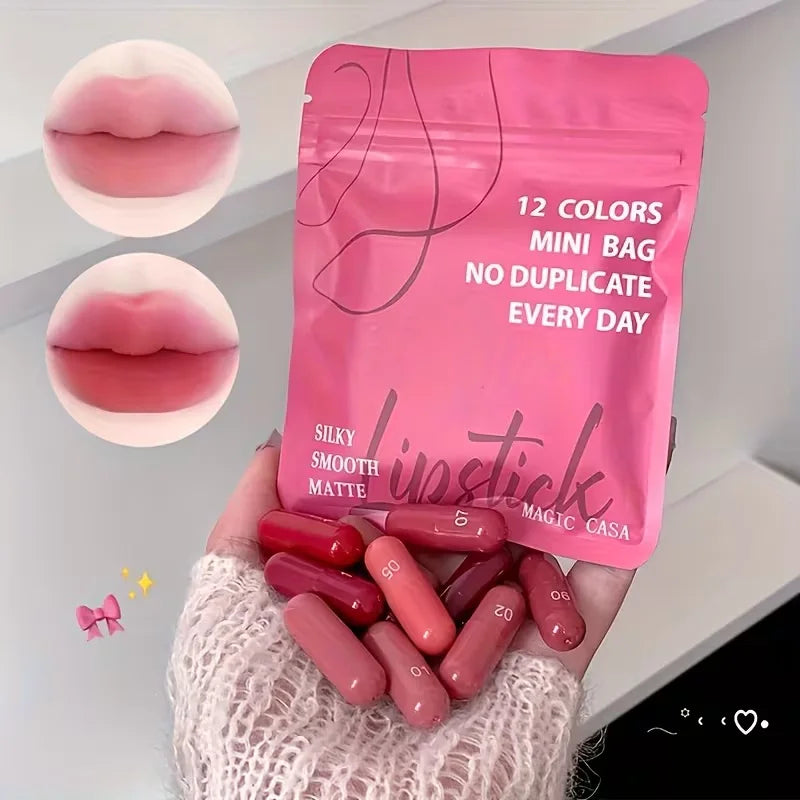 Mini Capsule Matte Lipstick Set - Smooth and delicate pink, red, and brown lipsticks, ideal for holiday makeup or as a gift.