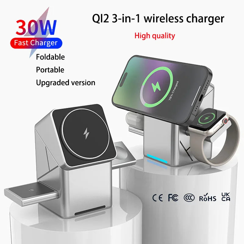 New Qi2 3 in 1 Touch Button Rotating Magnetic Wireless Charger Station for IPhone 16-12 Max & Samsung Galaxy Fast Charging Dock