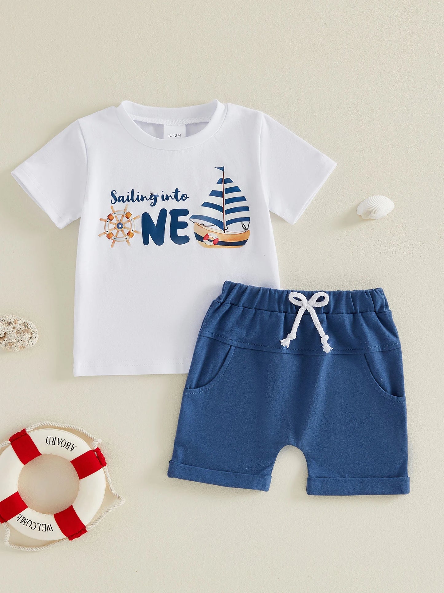 Toddler Boy 1st Birthday Set Adorable Boat Print Tee with Elastic Waist Shorts Cute Summer Outfit for Baby Boy s First